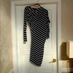 Asymmetrical BCBG black and white striped dress